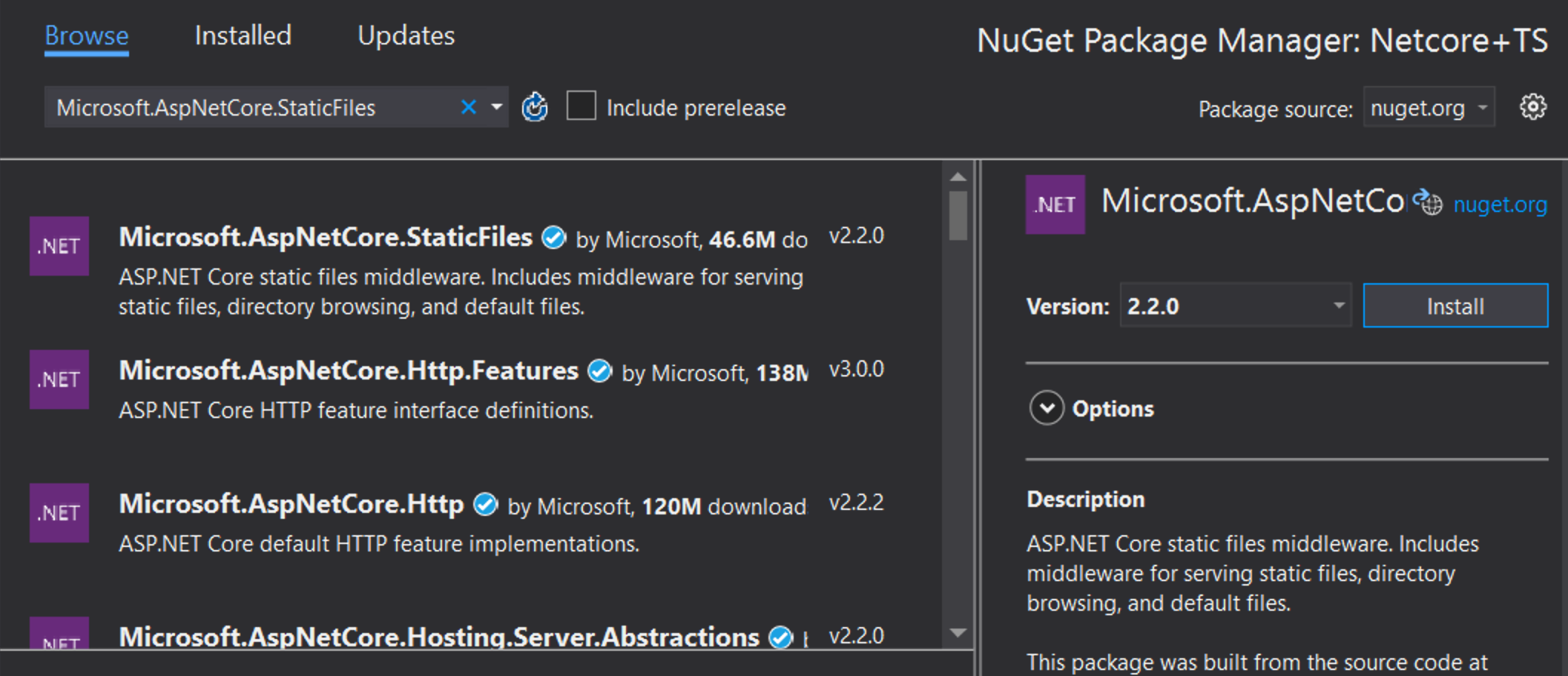 Visual Studio 搜索 Nuget 的示例图像